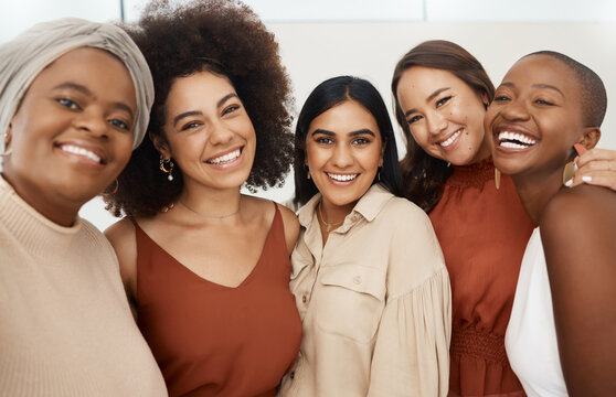 Happy woman, friends and portrait smile for selfie, profile picture or social media business at the office. Excited or friendly group of women face smiling for photo, vlog or online post at workplace