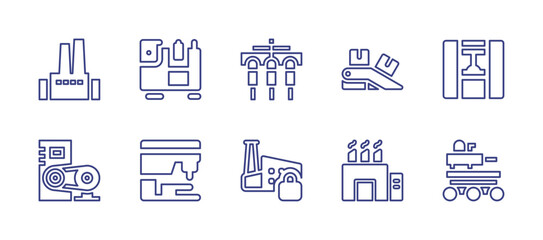 Industry line icon set. Editable stroke. Vector illustration. Containing industrial park, industrial robot, conveyor, machine, lock, manufacturing.