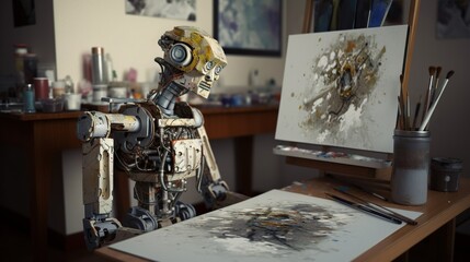 Robot drawing masterpiece on canvas ai artist bot painter generative ai	