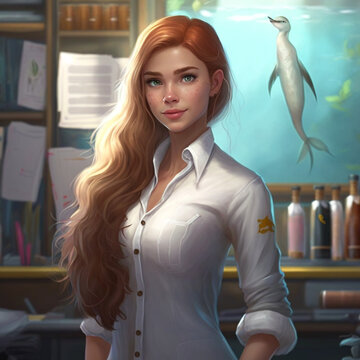 A teacher standing while wearing a lab coat and a mermaid tail