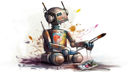 Robot drawing masterpiece on canvas ai artist bot painter generative ai	