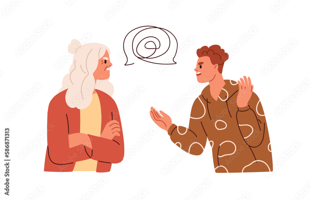Aufkleber misunderstanding between senior and young generation, communication problem concept. mother and adul