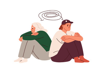 Couple in conflict, quarrel. Relationship crisis, disagreement, miscommunication, misunderstanding concept. Unhappy man and woman breakup. Flat graphic vector illustration isolated on white background