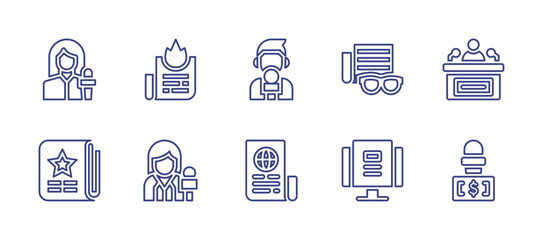 Journalism line icon set. Editable stroke. Vector illustration. Containing journalist, breaking news, newspaper, press conference, reporter, online, mass media.