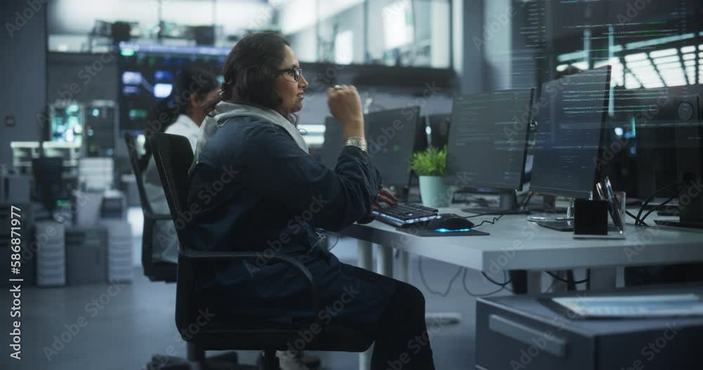 Fototapete diverse young indian colleagues working on computers in a research laboratory. focus on female softw