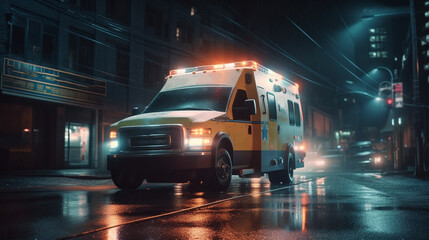 Fototapeta na wymiar Ambulance car on the road at night. Generative Ai