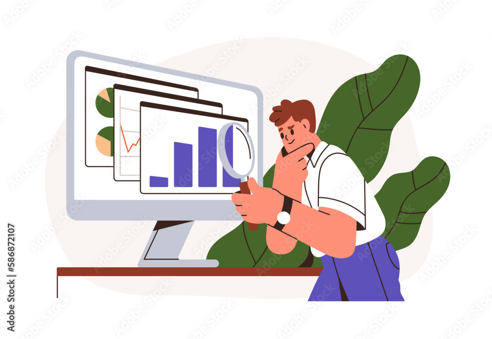 Poster Business performance analysis, benchmark metrics audit concept. Analyzing financial statistics, data, graph, chart, report on computer screen. Flat vector illustration isolated on white background