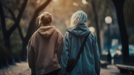 Back view of two women in the park. Generative Ai