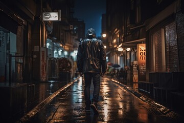 Naklejka na ściany i meble a man wearing black hood jacket walking on cold street in raining time, generative Ai
