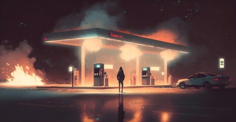 scene of the man burning the gas station at night, digital art style, illustration painting, Generative AI