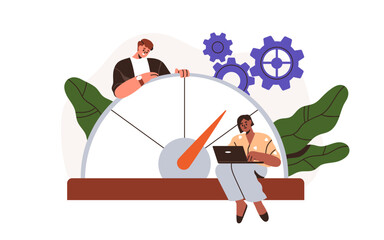 Benchmarking, business performance metrics analysis, comparison concept. Entrepreneurs analyzing data, indicators, efficiency measurement. Flat vector illustration isolated on white background