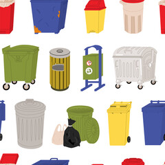 Seamless pattern with Containers for waste disposal. Waste sorting. Garbage bins. Flat style in vector illustration. Design for waste collection companies. City cleaning. Transparent background.