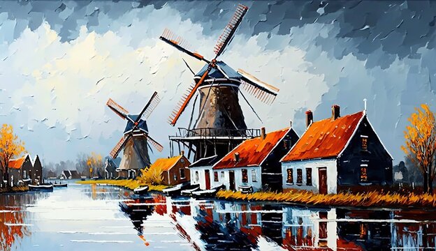 paint like illustration of windmill village at riverside, Generative Ai