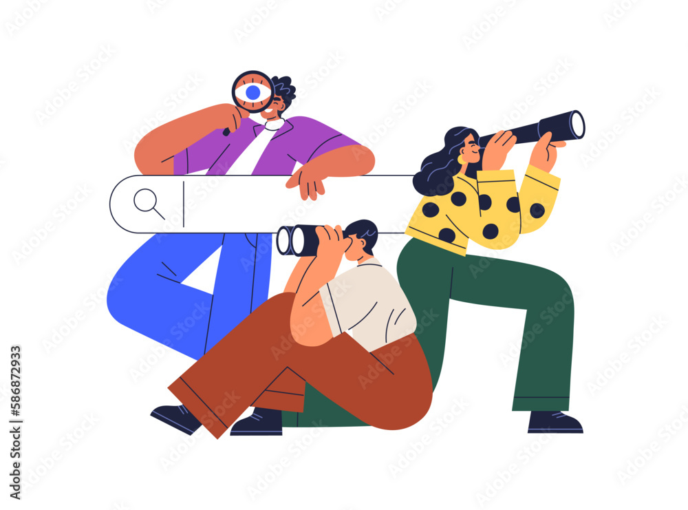 Poster web search, seo, internet marketing concept. people customers, users browsing query online, looking 