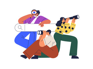 Web search, SEO, internet marketing concept. People customers, users browsing query online, looking for information in bar, surfing network. Flat vector illustration isolated on white background