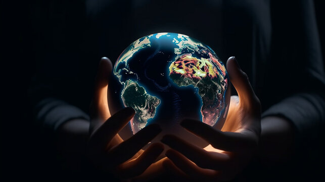 Human hand holding Earth planet. Generative Ai