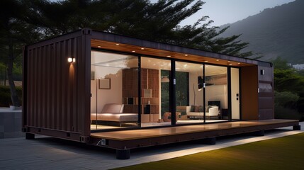 concept of sustainability and recycle , container box remake as restaurant, office or house or hotel, landscape of natural green as background, Generative Ai