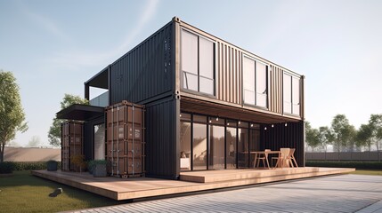 Obraz premium concept of sustainability and recycle , container box remake as restaurant, office or house or hotel, landscape of natural green as background, Generative Ai