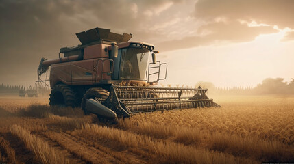 Combine harvester working on a wheat field. Generative Ai