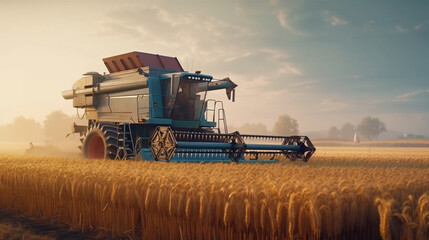 Obraz premium Combine harvester working on a wheat field. Generative Ai