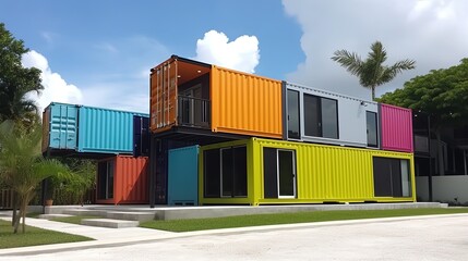 concept of sustainability and recycle , container box remake as restaurant, office or house, colorful bright tone house, Generative Ai