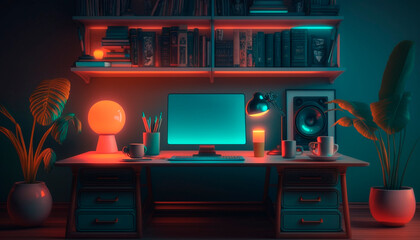 A home office setup with computer on desk and houseplants, dark room with neon lights, generative ai
