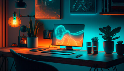 A home office setup with computer on desk and houseplants, dark room with neon lights, generative ai