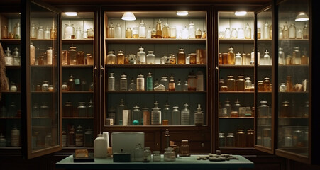 Pharmacy and drugstore shelves with medicine bottles and other items. Generative Ai