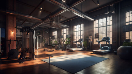 Interior of a modern gym with fitness equipment. Generative Ai