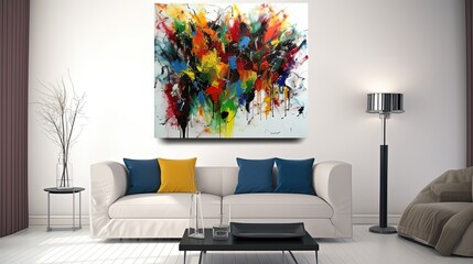 abstract color splash picture hanging on living room wall , minimal modern interior , mockup idea, Generative Ai
