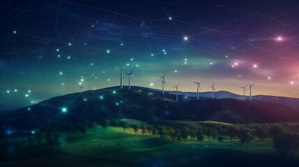 Landscape with Turbine Green Energy Electricity, Windmill for electric power production. Generative AI.