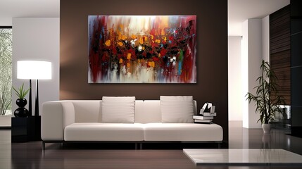 abstract color splash picture hanging on living room wall , minimal modern interior,  mockup idea, Generative Ai
