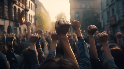 Many hands raised up in the air during a protest or demonstration. Generative Ai - obrazy, fototapety, plakaty