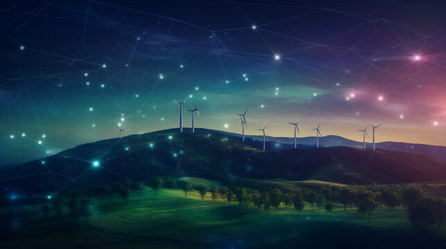Landscape with Turbine Green Energy Electricity, Windmill for electric power production. Generative AI.