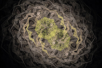 Brown yellow pattern of curved shapes and waves on a black background. Abstract fractal 3D rendering