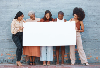 Women, diversity and poster with space outdoor for billboard, mockup or advertising on board....