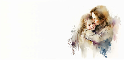 Mother's day - illustration of mom and daughter hugging each other with copy space for text, Generative ai.