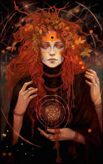 Spirit of Samhain, a woman communes with her ancestors representing Hallows. Generative AI
