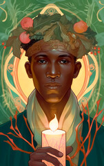 Spirit of Yule, a man holding a candle and crowned with holly representing Winter Solstice. Generative AI