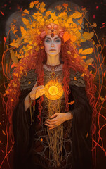 Spirit of Beltane, a woman with fire in her heart representing May Eve. Generative AI - obrazy, fototapety, plakaty