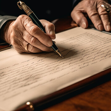 Old person writing on a document with a quill, generative AI