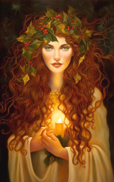 Spirit of Yule, a woman holding a candle and crowned with holly representing Winter Solstice. Generative AI