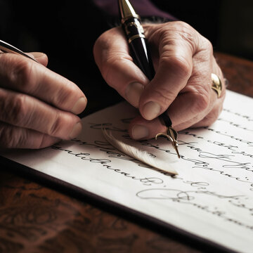 Person writing on a document with a quill, generative AI