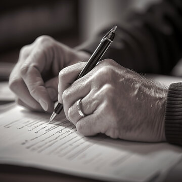 Person writing on a document with a pen, black and white, generative AI