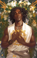 Spirit of Litha, a man surrounded by flowers holding a golden crown representing Summer Solstice. Generative AI