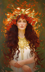 Spirit of Litha, a woman with a golden crown representing Summer Solstice. Generative AI