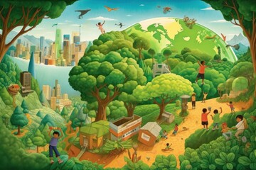 Illustration of Cityscape and Forest on Earth Day with Children Playing