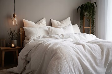 White pillows are selectively highlighted in the bedroom on a bed with a bedspread and duvet case. Generative AI