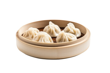 steamed dumplings in bamboo steamer isolated on white background. png transparency