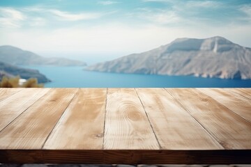 rustic wooden table overlooking a scenic mountain landscape. Generative AI